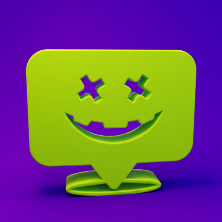 Green Happy Halloween holiday icon isolated on purple-blue background. Minimalism concept. 3D render illustration.の写真素材