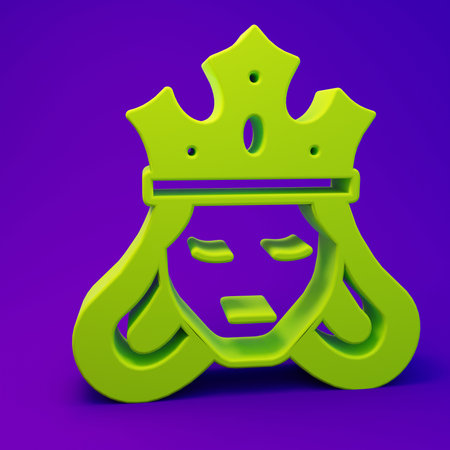 Green Princess or queen wearing her crown icon isolated on purple-blue background. Medieval lady. Minimalism concept. 3D render illustration.の写真素材
