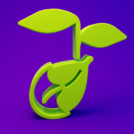 Green Sprout icon isolated on purple-blue background. Seed and seedling. Leaves sign. Leaf nature. Minimalism concept. 3D render illustration.の写真素材