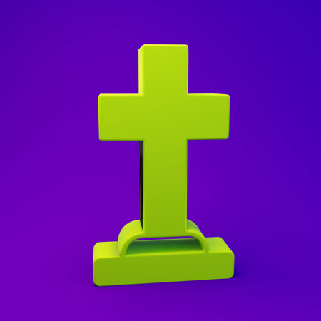 Green Tombstone with cross icon isolated on purple-blue background. Grave icon. Minimalism concept. 3D render illustration.の写真素材