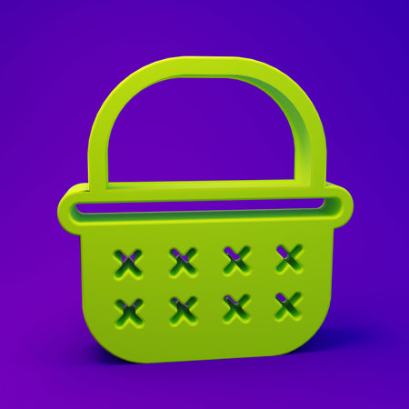 Green Wicker basket icon isolated on purple-blue background. Minimalism concept. 3D render illustration.の写真素材