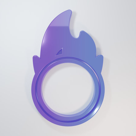 Purple-blue Circus fire hoop icon isolated on gray background. Ring of fire flame. Round fiery frame. Minimalism concept. 3D render illustration.の写真素材