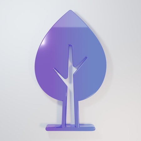 Purple-blue Tree icon isolated on gray background. Forest symbol. Minimalism concept. 3D render illustration.の写真素材