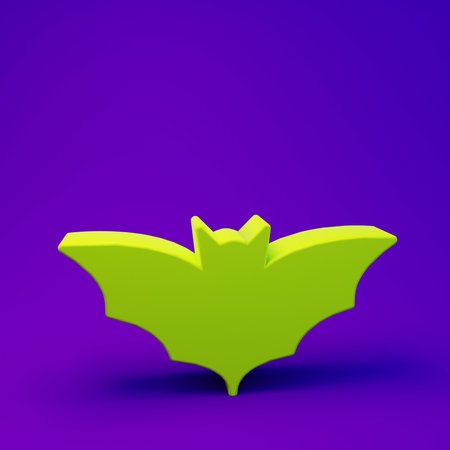 Green Flying bat icon isolated on purple-blue background. Happy Halloween party. Minimalism concept. 3D render illustration.の写真素材