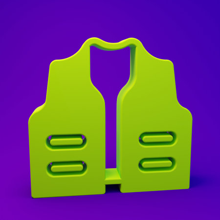 Green Fishing jacket icon isolated on purple-blue background. Fishing vest. Minimalism concept. 3D render illustration.の写真素材