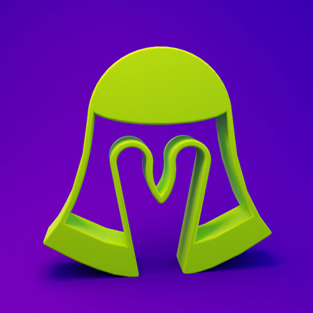 Green Medieval iron helmet for head protection icon isolated on purple-blue background. Knight helmet. Minimalism concept. 3D render illustration.の写真素材