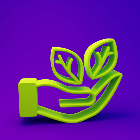 Green Hand hold a leaf of the plant icon isolated on purple-blue background. Care nature. Leaf shoots with environmental protection. Minimalism concept. 3D render illustration.の写真素材
