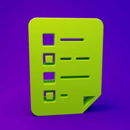 Green Clipboard with checklist icon isolated on purple-blue background. Control list symbol. Survey poll or questionnaire feedback form. Minimalism concept. 3D render illustration.の写真素材