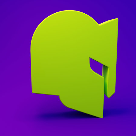 Green Medieval iron helmet for head protection icon isolated on purple-blue background. Knight helmet. Minimalism concept. 3D render illustration.の写真素材