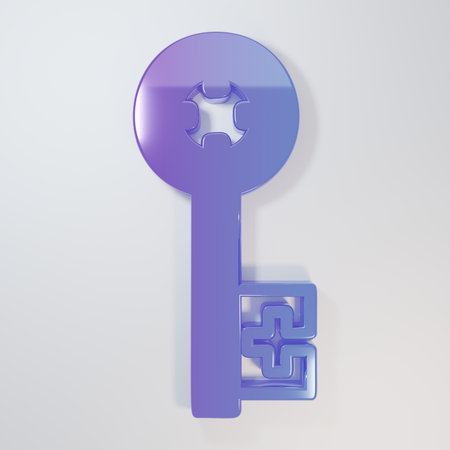 Purple-blue Old key icon isolated on gray background. Minimalism concept. 3D render illustration.の写真素材