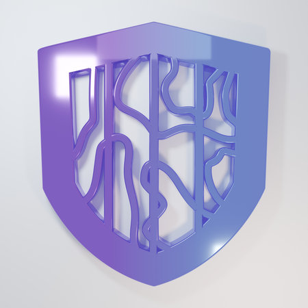 Purple-blue Shield icon isolated on gray background. Guard sign. Security, safety, protection, privacy concept. Minimalism concept. 3D render illustration.の写真素材