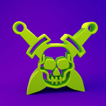 Green Crossed medieval sword with skull icon isolated on purple-blue background. Medieval weapon. Minimalism concept. 3D render illustration.の写真素材