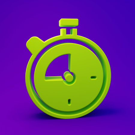 Green Stopwatch icon isolated on purple-blue background. Time timer sign. Chronometer sign Minimalism concept. 3D render illustration.の写真素材