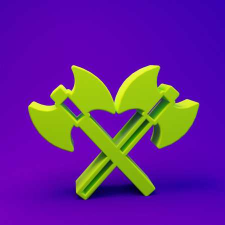 Green Crossed medieval axes icon isolated on purple-blue background. Battle axe, executioner axe. Medieval weapon. Minimalism concept. 3D render illustration.の写真素材