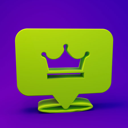 Green King crown icon isolated on purple-blue background. Minimalism concept. 3D render illustration.の写真素材