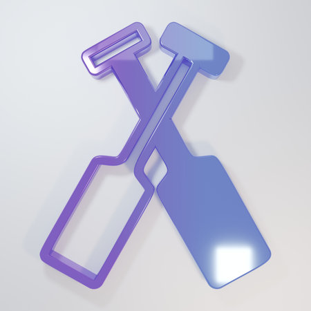 Purple-blue Crossed oars or paddles boat icon isolated on gray background. Minimalism concept. 3D...