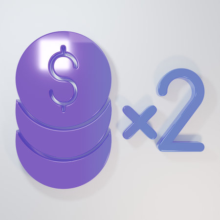 Purple-blue Casino chip with dollar symbol icon isolated on gray background. Casino gambling....