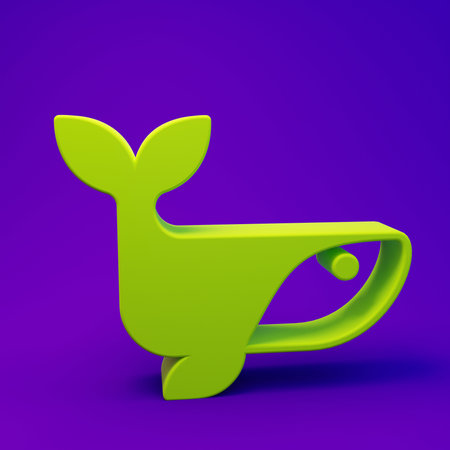 Green Whale icon isolated on purple-blue background. Minimalism concept. 3D render illustration.の写真素材