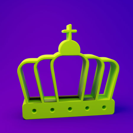 Green King crown icon isolated on purple-blue background. Minimalism concept. 3D render illustration.の写真素材