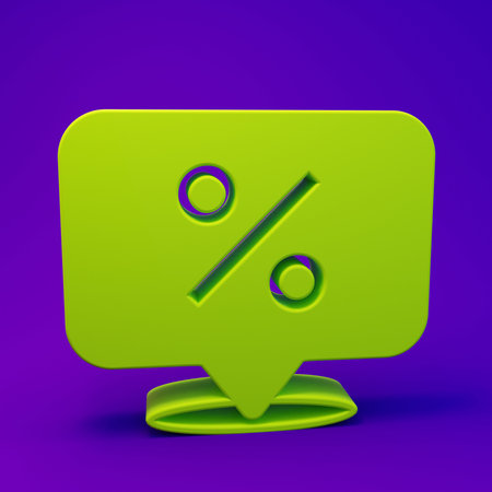 Green Discount percent tag icon isolated on purple-blue background. Shopping tag sign. Special offer sign. Discount coupons symbol. Minimalism concept. 3D render illustration.の写真素材