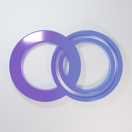 Purple-blue Wedding rings icon isolated on gray background. Bride and groom jewelry sign. Marriage symbol. Diamond ring. Minimalism concept. 3D render illustration.の写真素材