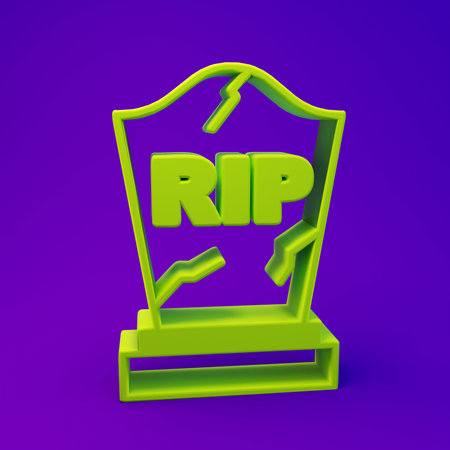 Green Tombstone with RIP written on it icon isolated on purple-blue background. Grave icon. Happy Halloween party. Minimalism concept. 3D render illustration.の写真素材