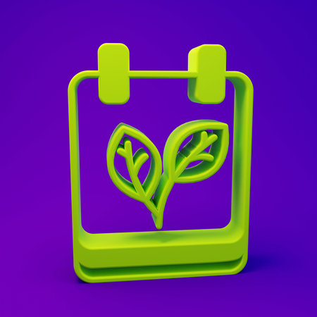 Green Calendar with autumn leaves icon isolated on purple-blue background. Minimalism concept. 3D render illustration.の写真素材