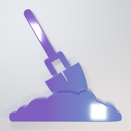 Purple-blue Shovel in the ground icon isolated on gray background. Gardening tool. Tool for horticulture, agriculture, farming. Minimalism concept. 3D render illustration.の写真素材