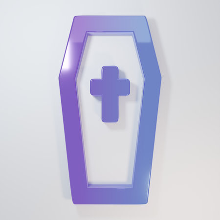 Purple-blue Coffin with Christian cross icon isolated on gray background. Happy Halloween party. Minimalism concept. 3D render illustration.の写真素材