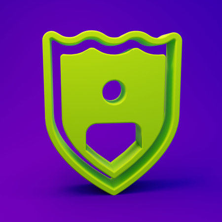 Green Life insurance with shield icon isolated on purple-blue background. Security, safety, protection, protect concept. Minimalism concept. 3D render illustration.の写真素材
