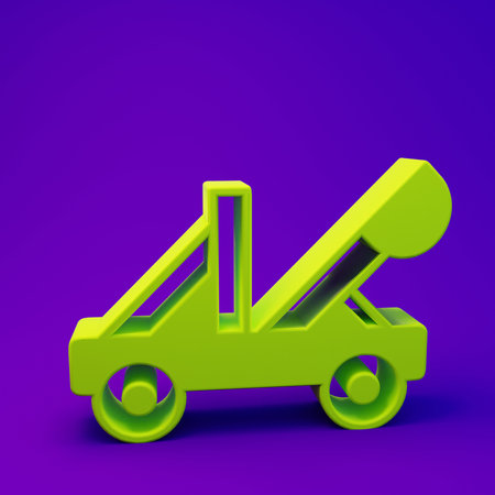 Green Old medieval wooden catapult shooting stones icon isolated on purple-blue background. Minimalism concept. 3D render illustration.の写真素材