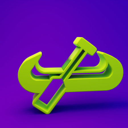 Green Kayak and paddle icon isolated on purple-blue background. Kayak and canoe for fishing and tourism. Outdoor activities. Minimalism concept. 3D render illustration.の写真素材