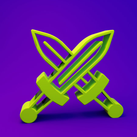 Green Crossed medieval sword icon isolated on purple-blue background. Medieval weapon. Minimalism concept. 3D render illustration.の写真素材