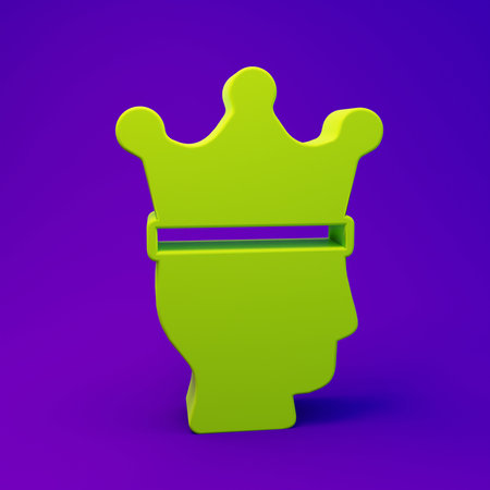 Green King crown icon isolated on purple-blue background. Minimalism concept. 3D render illustration.の写真素材