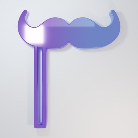 Purple-blue Paper mustache on stick icon isolated on gray background. Concept with cardboard carnival mask. Mask for a photo shoot. Minimalism concept. 3D render illustration.の写真素材