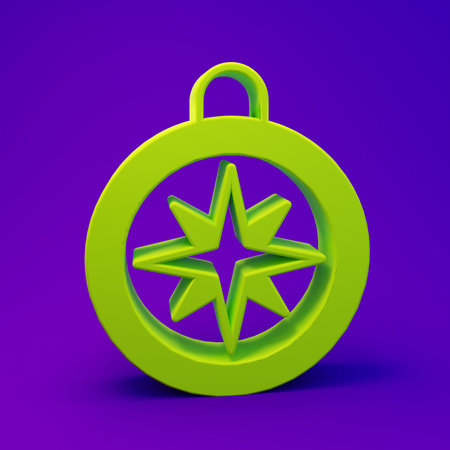 Green Compass icon isolated on purple-blue background. Windrose navigation symbol. Wind rose sign. Minimalism concept. 3D render illustration.の写真素材