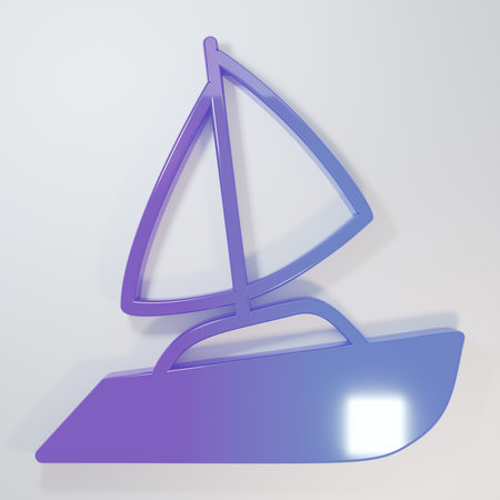 Purple-blue Yacht sailboat or sailing ship icon isolated on gray background. Sail boat marine cruise travel. Minimalism concept. 3D render illustration.の写真素材
