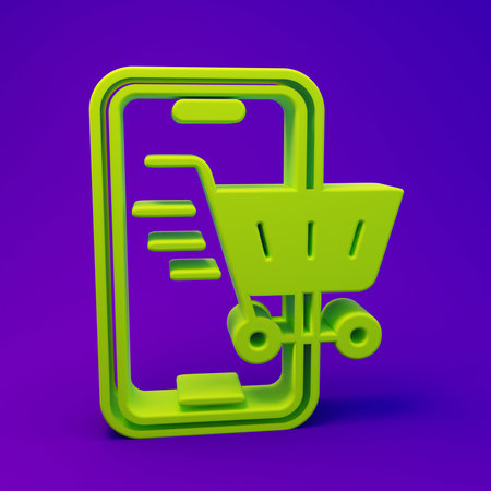Green Mobile phone and shopping cart icon isolated on purple-blue background. Online buying symbol. Supermarket basket symbol. Minimalism concept. 3D render illustration.の写真素材
