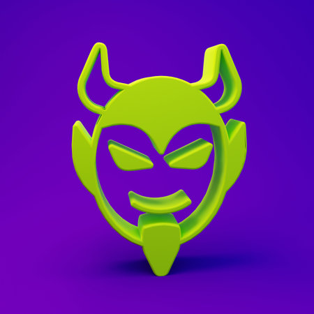 Green Devil head icon isolated on purple-blue background. Happy Halloween party. Minimalism concept. 3D render illustration.の写真素材