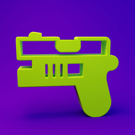 Green Futuristic space gun blaster icon isolated on purple-blue background. Laser Handgun. Alien Weapon. Minimalism concept. 3D render illustration.の写真素材