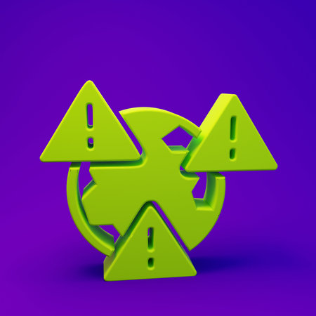 Green Planet earth symbol with exclamation mark icon isolated on purple-blue background. Global earth, Exclamation mark danger. Minimalism concept. 3D render illustration.の写真素材