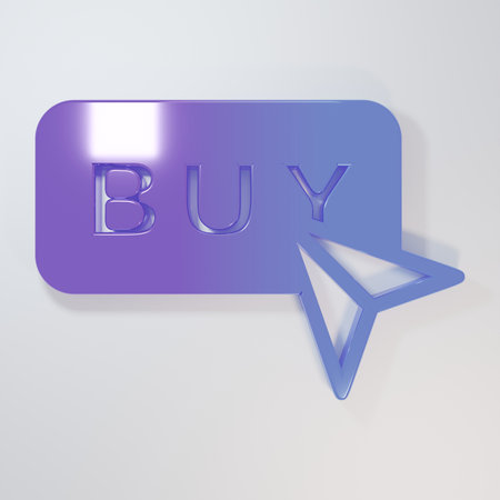 Purple-blue Buy button icon isolated on gray background. Minimalism concept. 3D render illustration.の写真素材