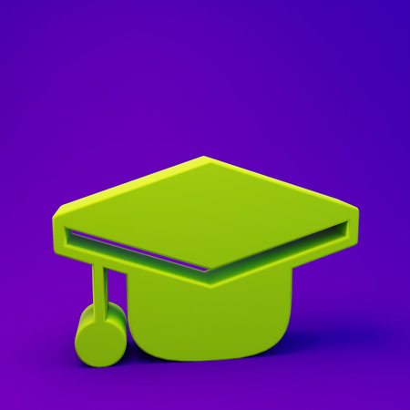 Green Graduation cap icon isolated on purple-blue background. Graduation hat with tassel icon. Minimalism concept. 3D render illustration.の写真素材