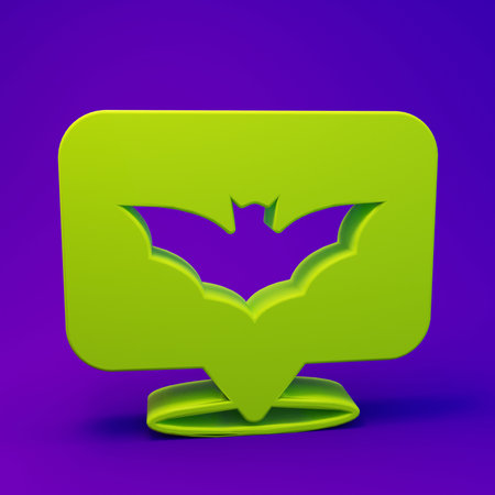 Green Flying bat icon isolated on purple-blue background. Happy Halloween party. Minimalism concept. 3D render illustration.の写真素材