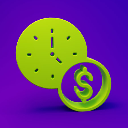 Green Time is money icon isolated on purple-blue background. Money is time. Effective time management. Convert time to money. Minimalism concept. 3D render illustration.の写真素材