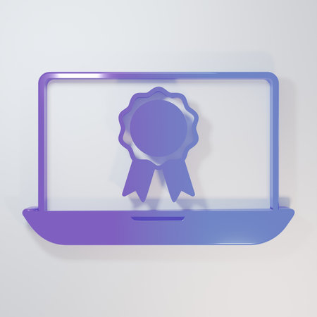 Purple-blue Online education with diploma icon isolated on gray background. Diploma online at home. Webinar and video seminar learning. Minimalism concept. 3D render illustration.の写真素材