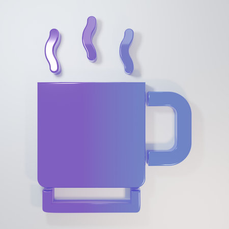 Purple-blue Coffee cup icon isolated on gray background. Tea cup. Hot drink coffee. Minimalism concept. 3D render illustration.の写真素材