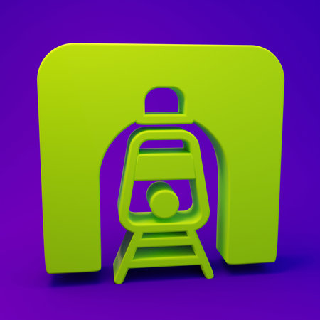 Green Train in railway tunnel icon isolated on purple-blue background. Railroad tunnel. Minimalism concept. 3D render illustration.の写真素材