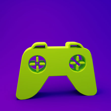 Green Game controller or joystick for game console icon isolated on purple-blue background. Minimalism concept. 3D render illustration.の写真素材