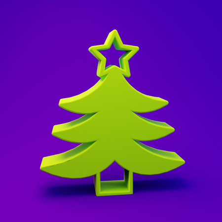 Green Christmas tree icon isolated on purple-blue background. Merry Christmas and Happy New Year. Minimalism concept. 3D render illustration.の写真素材